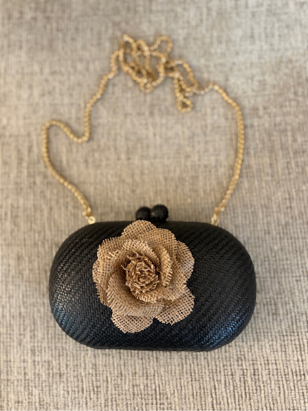 Black Straw Clutch with Burlap Flower Accent and Chain